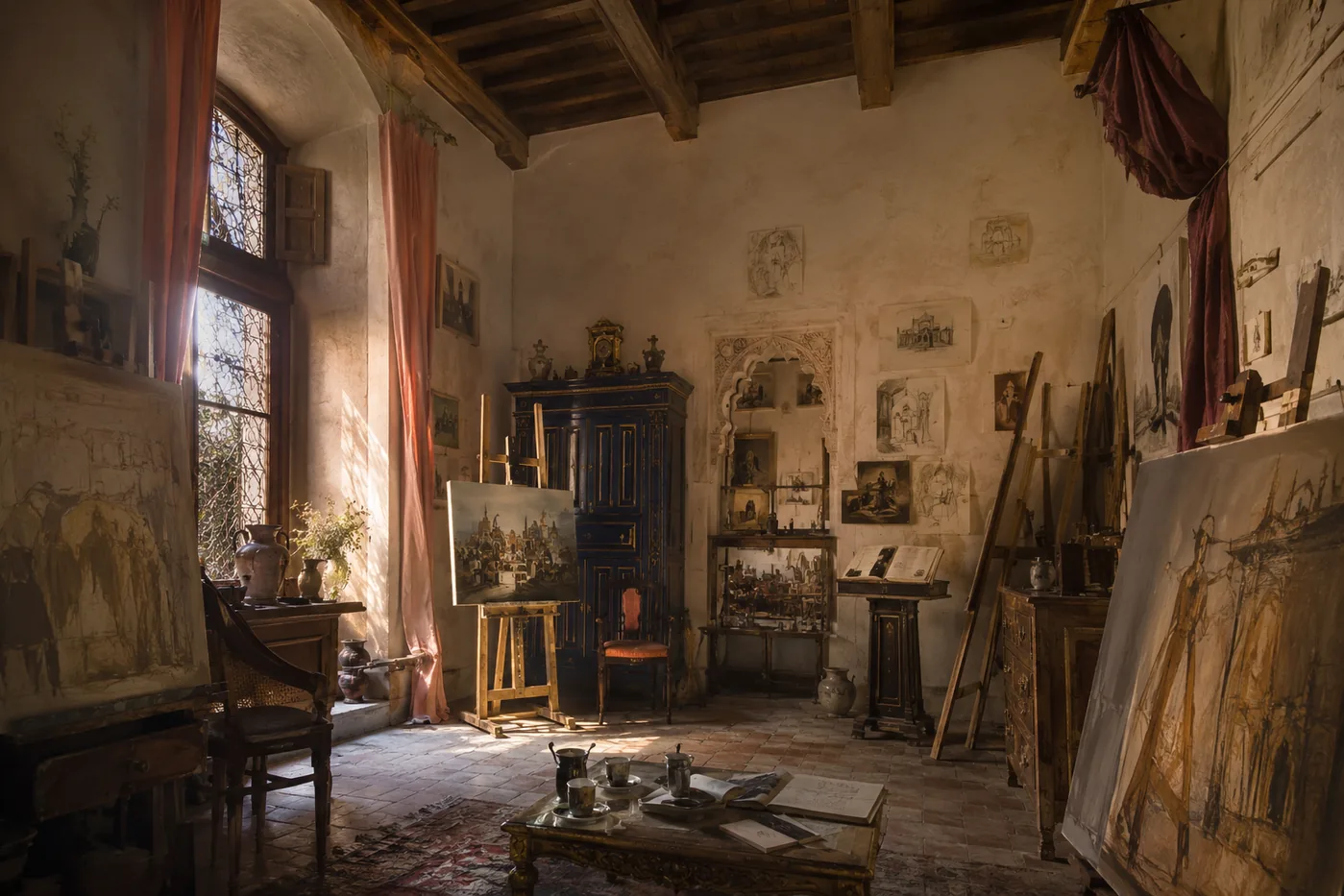 Interior del atelier de Aurora del Trazo en Granada, con varios caballetes y luz lateral